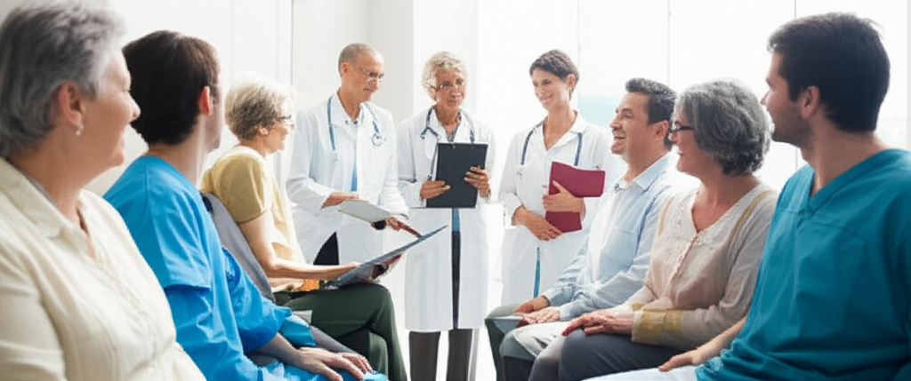 Diverse group of happy patients and caring medical professionals
