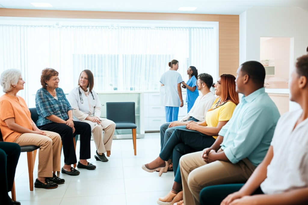 Bright and modern medical clinic with patients and staff